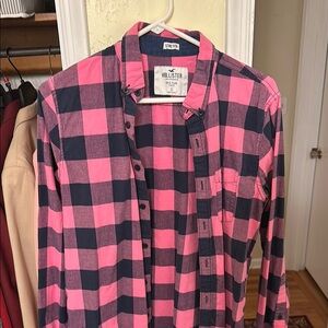 Hollister Men's Pink and Blue Checkered Shirt